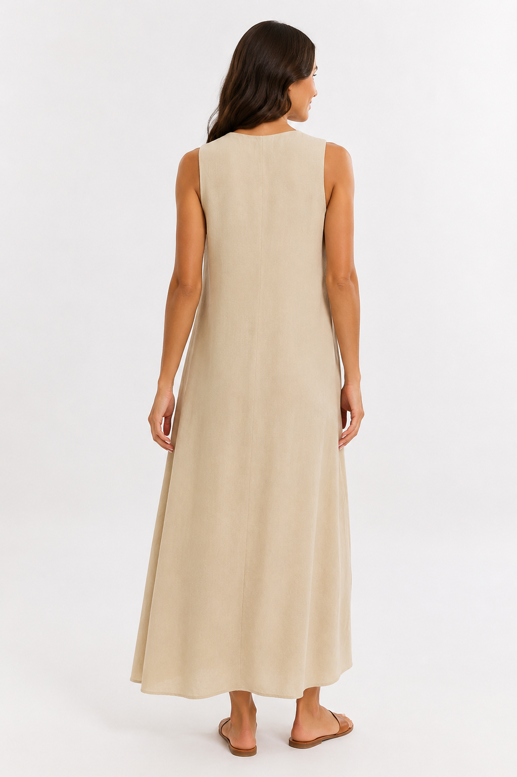 Mouwloze maxi-jurk met V-hals en plooi