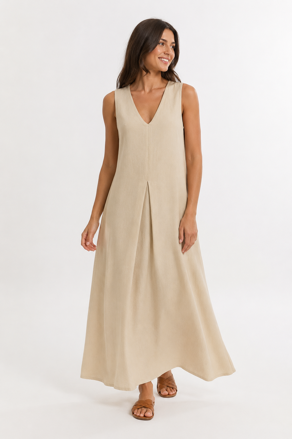 Mouwloze maxi-jurk met V-hals en plooi