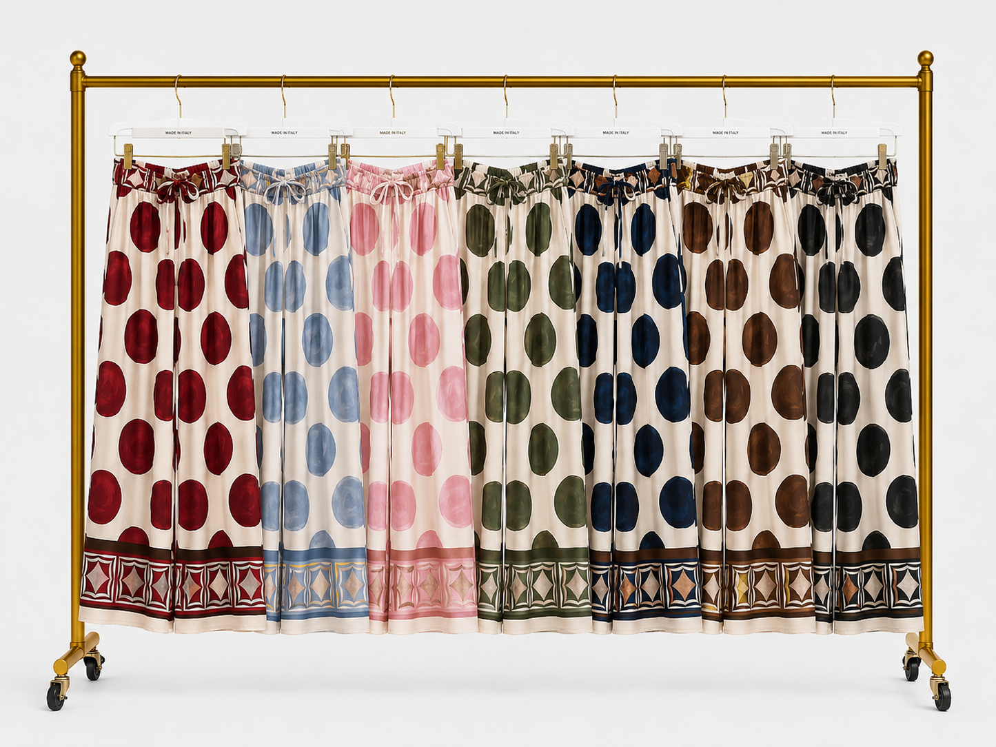 Broek met artistieke stippenprint