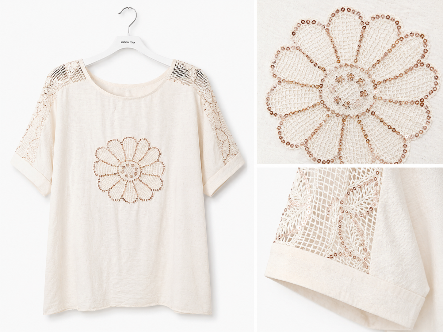 T-shirt met kanten mouwen en bloemapplicatie